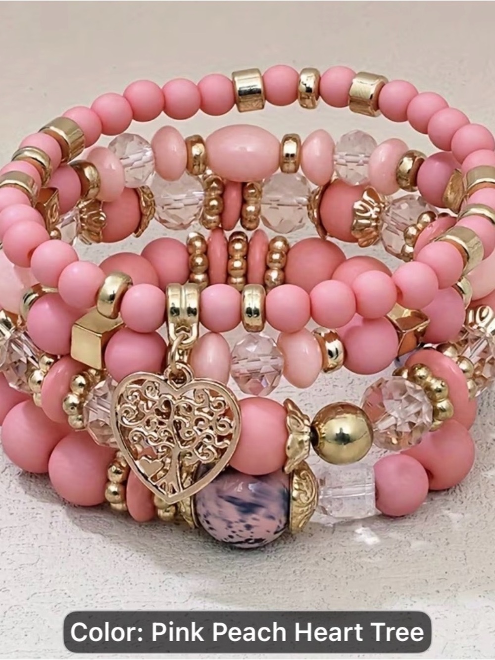 4pcs Handmade European & American pink Peach Beaded Heart Tree Bracelet Stack